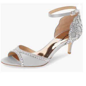 XYD Grey Sandals, Chic Peep Toe, D'Orsay Kitten Low Heels, Rhinestone Studs,
